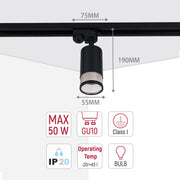 Sleek black track lighting dimensions with GU10 bulb, max 50W, Class I, IP20 and operating temp -20/+45 °C