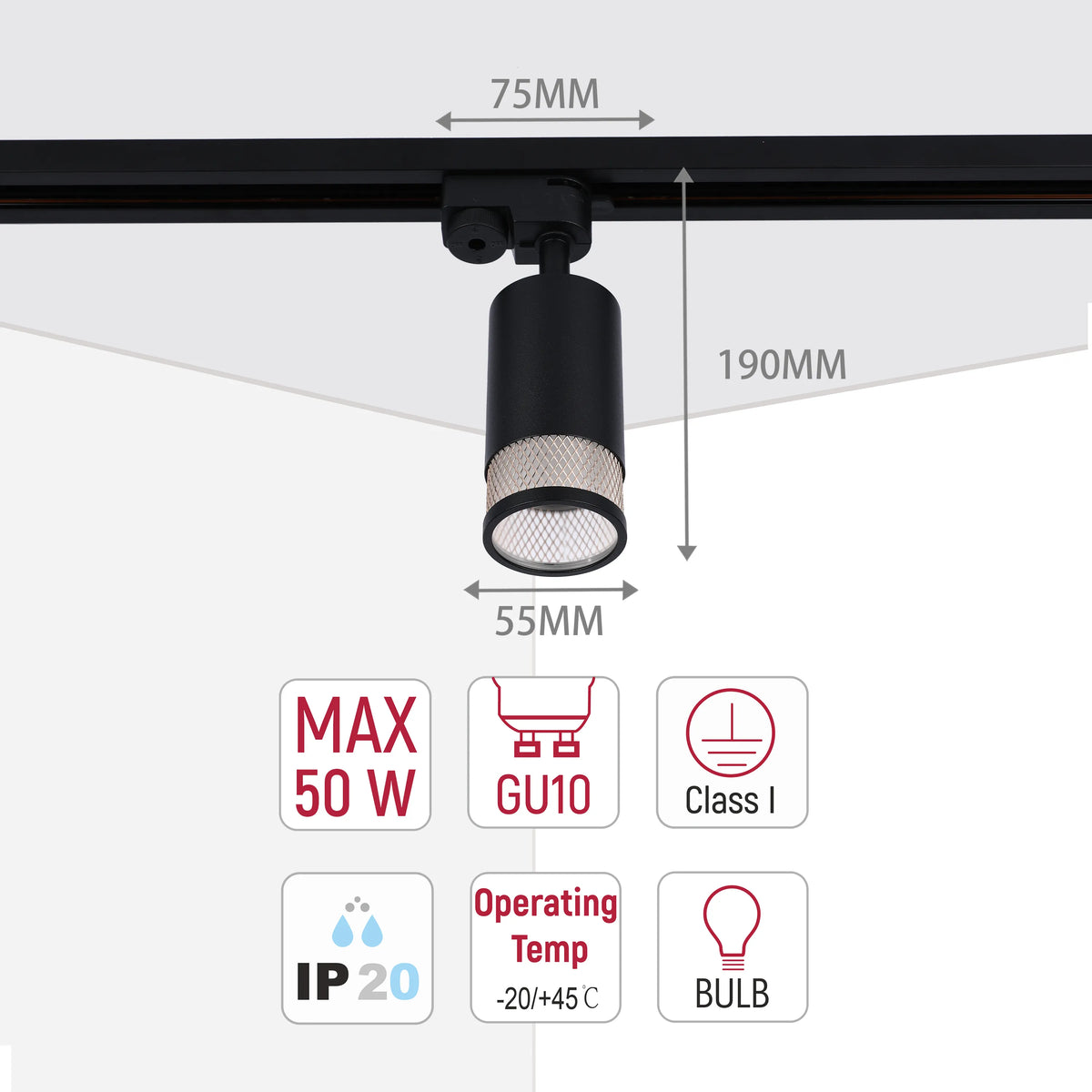 Sleek black track lighting dimensions with GU10 bulb, max 50W, Class I, IP20 and operating temp -20/+45 °C