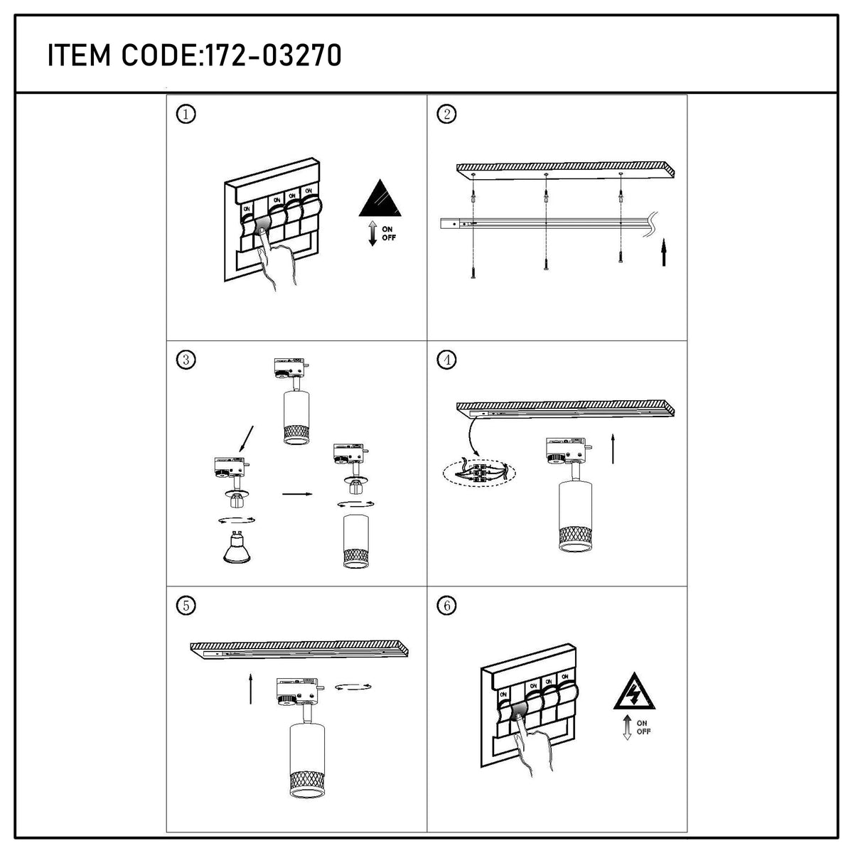 A step-by-step diagram shows how to assemble and install a ceiling spotlight track lighting system. Turn off power first.
