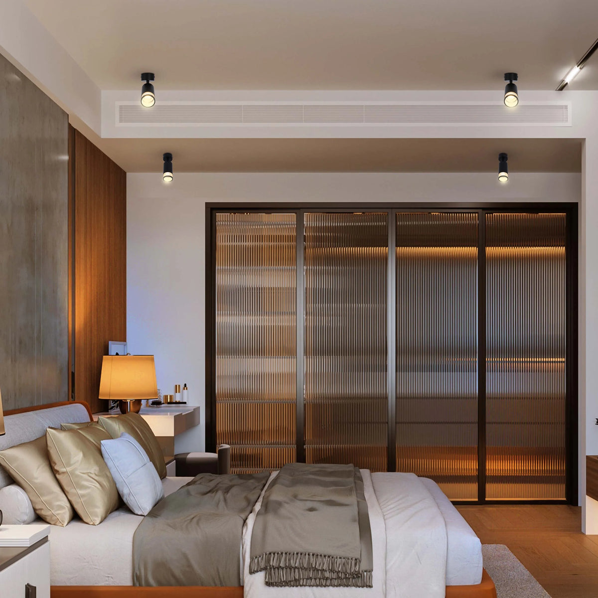 Bedroom with track lighting and spotlights provide a modern, stylish illumination, enhancing the room's warm and inviting ambience.