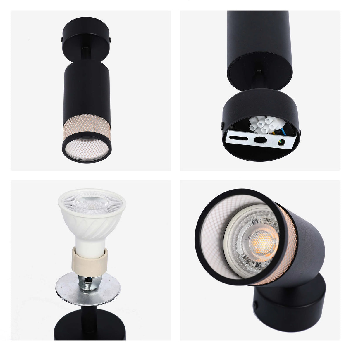 Contemporary black spotlights with mesh detail. Close-ups show the bulb and internal fittings.
