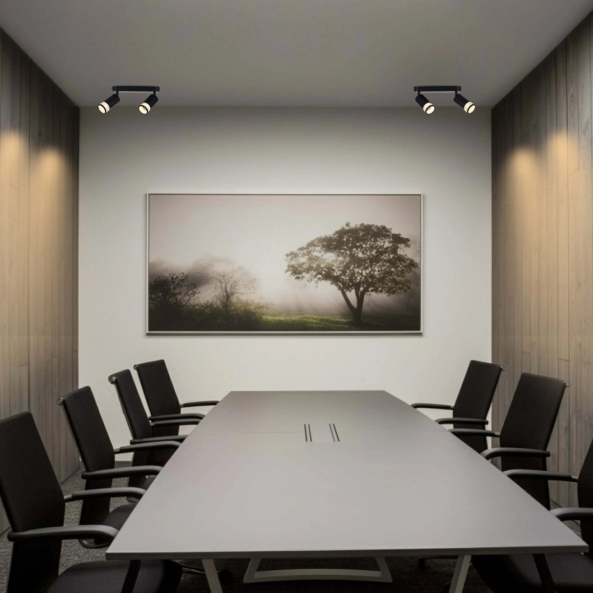 Modern conference room with track lighting. Two black fixtures with adjustable spotlights illuminate the space above a large table.