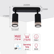 A black, two-bulb ceiling light, with dimensions and technical information showcased on a white background.