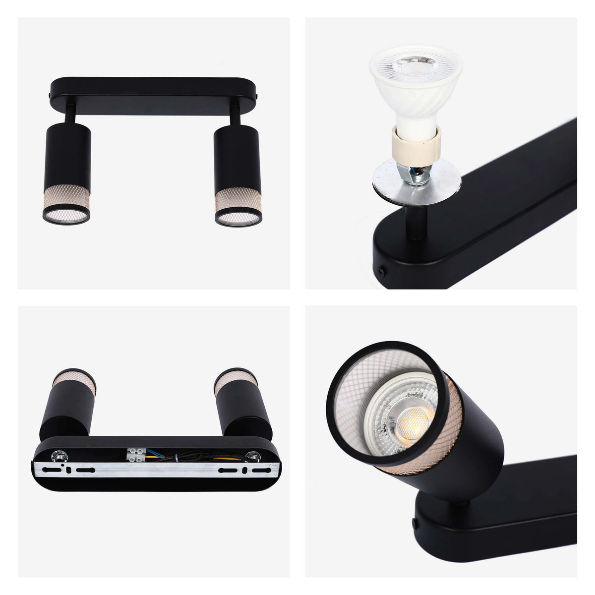 A sleek, contemporary black spotlight fixture with adjustable heads, perfect for modern interiors.