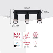 Modern black triple spotlight with dimensions. Max 3x50W, GU10 bulb. IP20 rated. Dimensions: 175mm, 380mm, 25mm, D55mm.