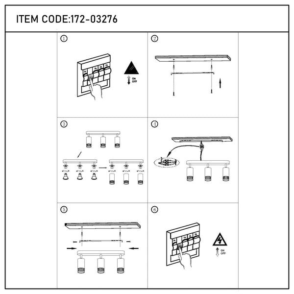Instructions for installing a ceiling light fitting. Includes wiring, fitting and safety warnings.