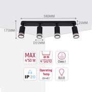 A sleek, modern spotlight bar featuring four adjustable lights. Product dimensions are displayed alongside the light fixture.