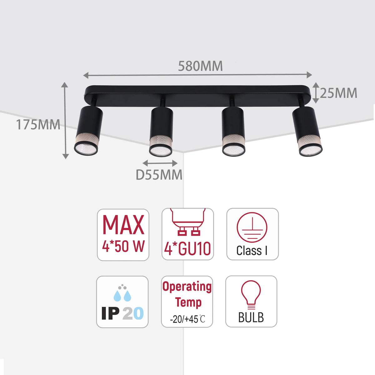 A sleek, modern spotlight bar featuring four adjustable lights. Product dimensions are displayed alongside the light fixture.