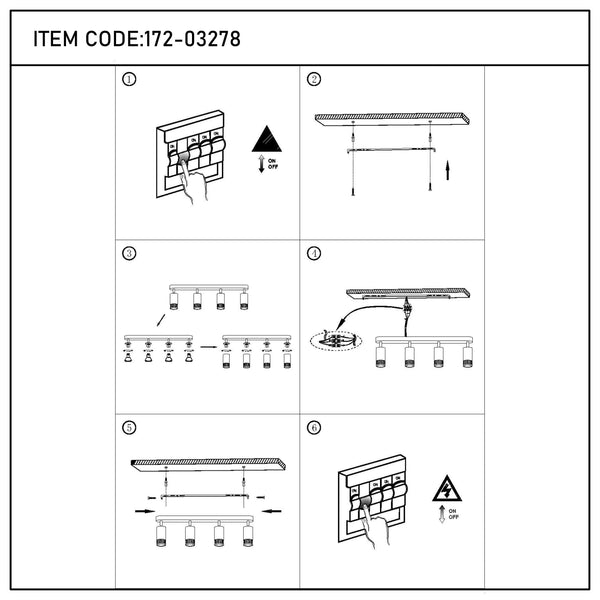Instructions for installing a ceiling light fitting with four shades. Includes a caution to turn off the power before installation.