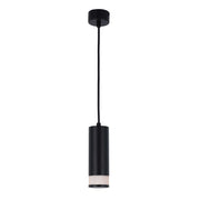 A black cylinder pendant light is suspended. Contemporary style for a modern home, and ideal for living spaces.