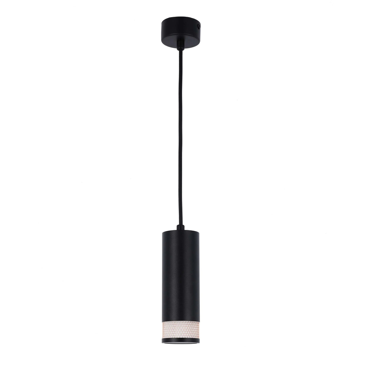A black cylinder pendant light is suspended. Contemporary style for a modern home, and ideal for living spaces.