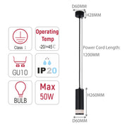 Contemporary pendant light with cylindrical shade. Dimensions & specifications displayed.