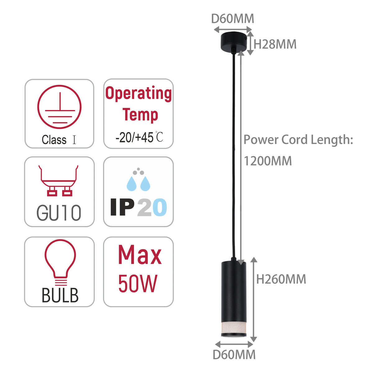 Contemporary pendant light with cylindrical shade. Dimensions & specifications displayed.