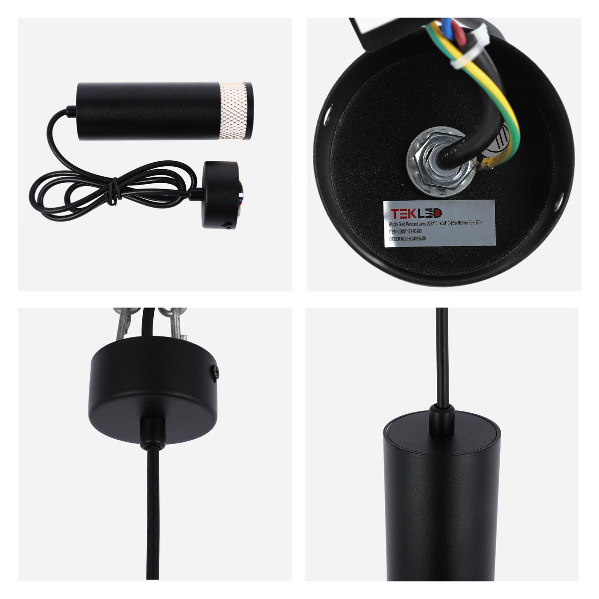 Close-ups of a black pendant light, showcasing its cylindrical shade and details. Modern lighting for a sophisticated interior design.