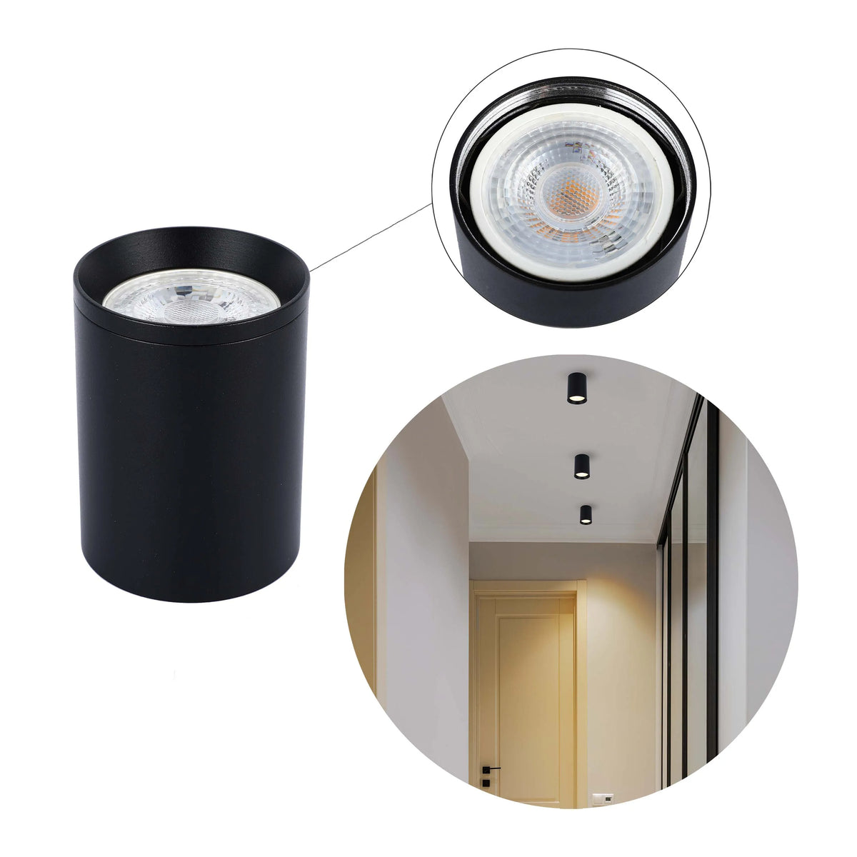 A sleek, matte black cylinder spotlight fixture. Energy-efficient LED lighting for a modern, minimalist home.
