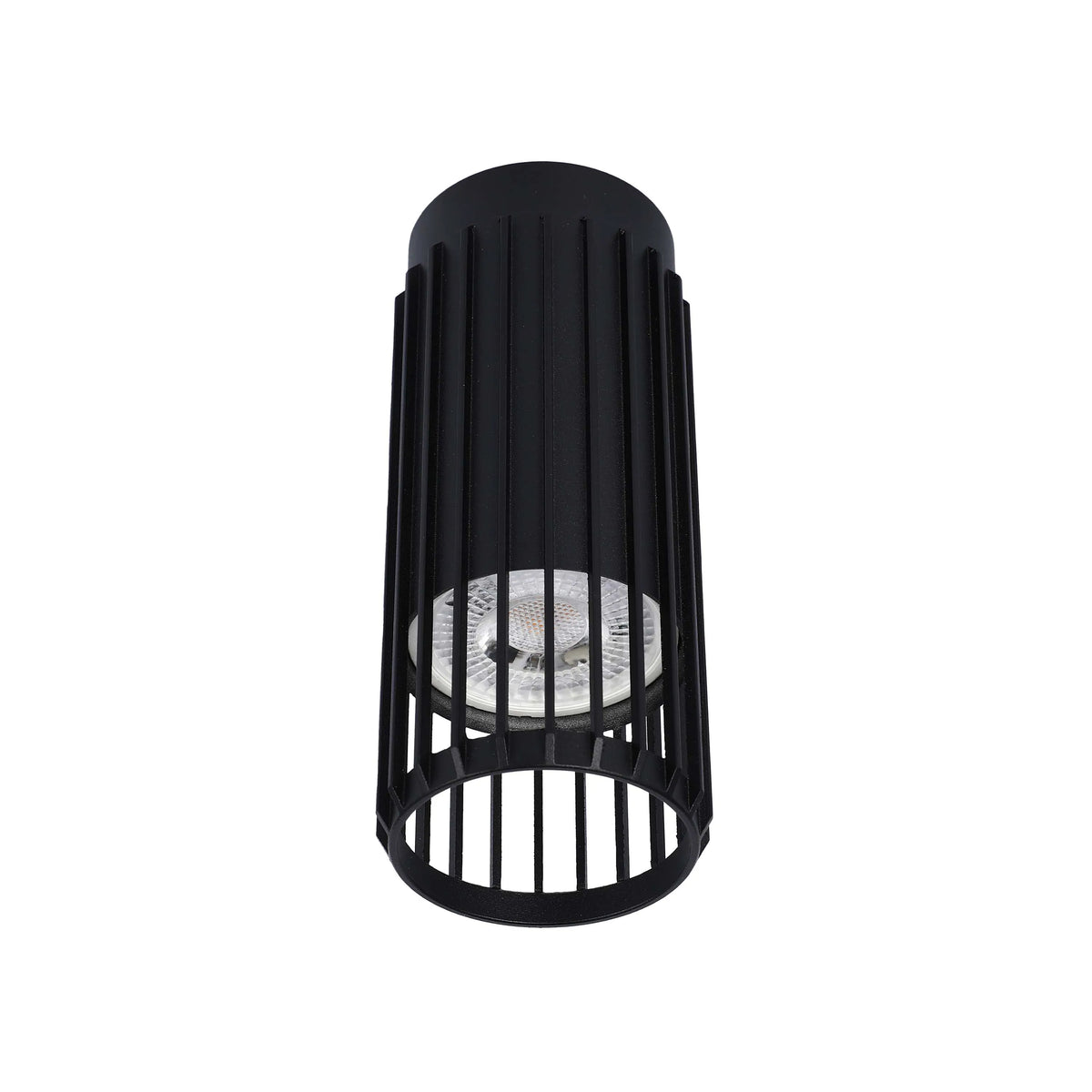 Modern black cylinder downlight with visible bulb. Contemporary design for stylish interior lighting solutions.