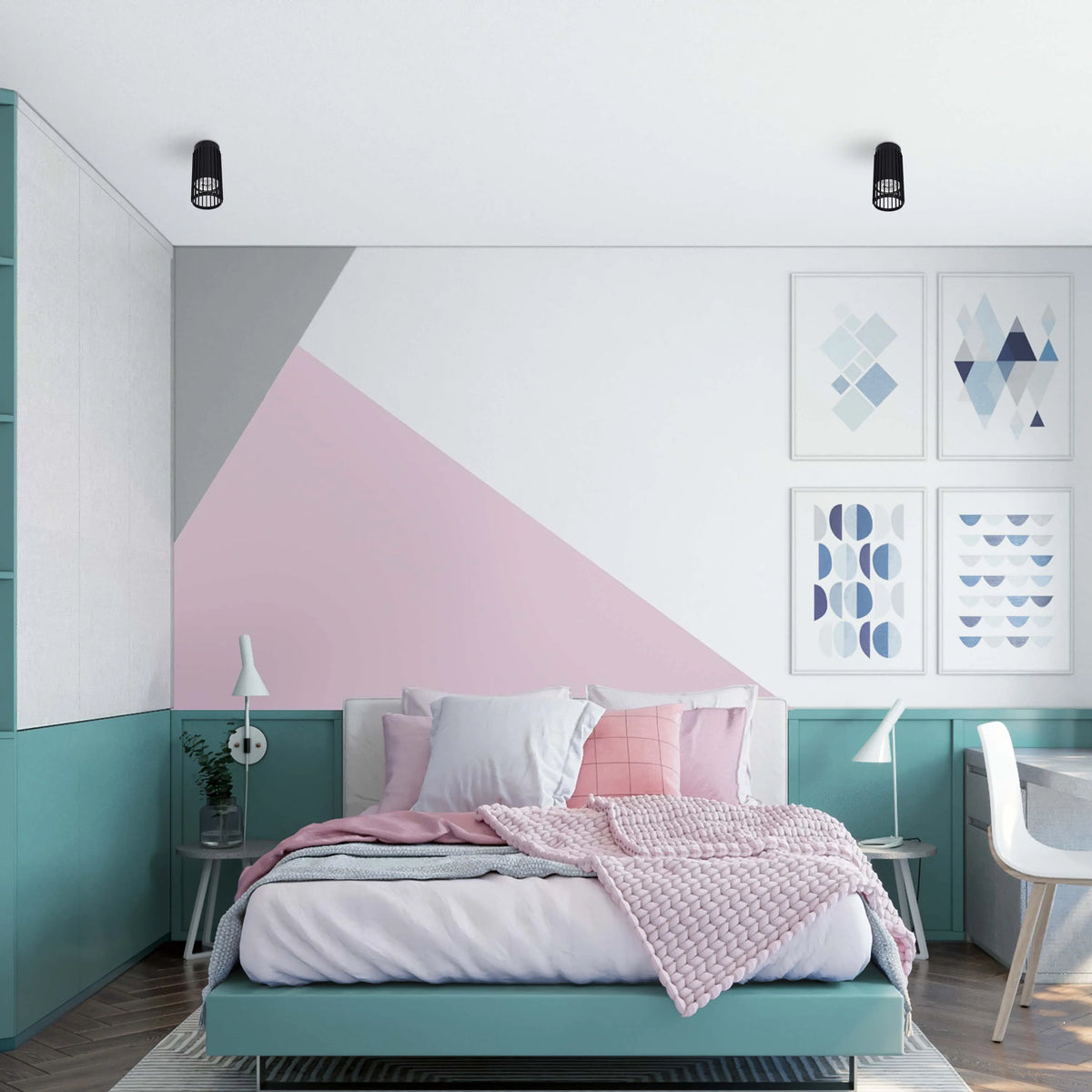 Bedroom with overhead black spotlights and white desk lamps, providing a bright and modern ambience.