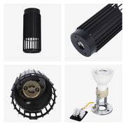 A selection of close up views of a black indoor spotlight with a cage shade and a white bulb.