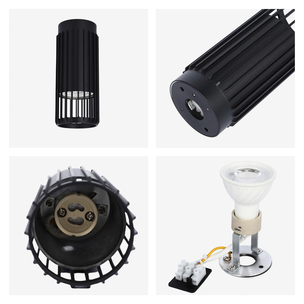 A selection of close up views of a black indoor spotlight with a cage shade and a white bulb.