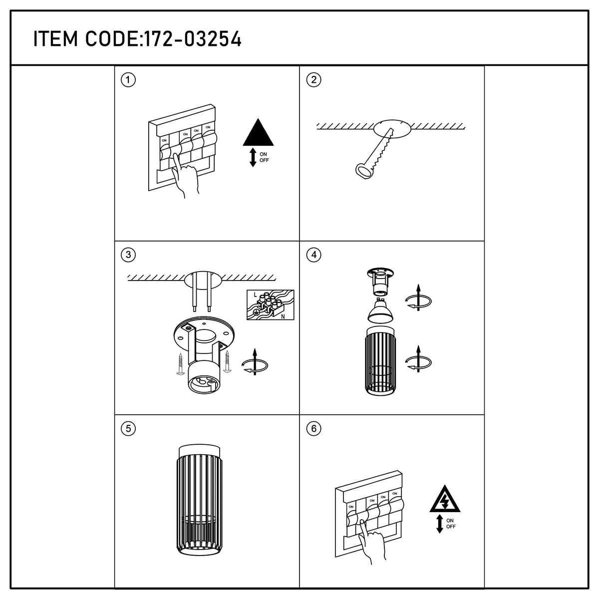 Installation diagram of a modern ceiling light. Includes steps for wiring, securing, and assembling the fixture.