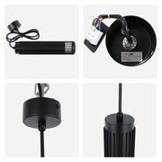 A black pendant light fitting, showcasing the ceiling mount, connector, and the ridged light fixture.
