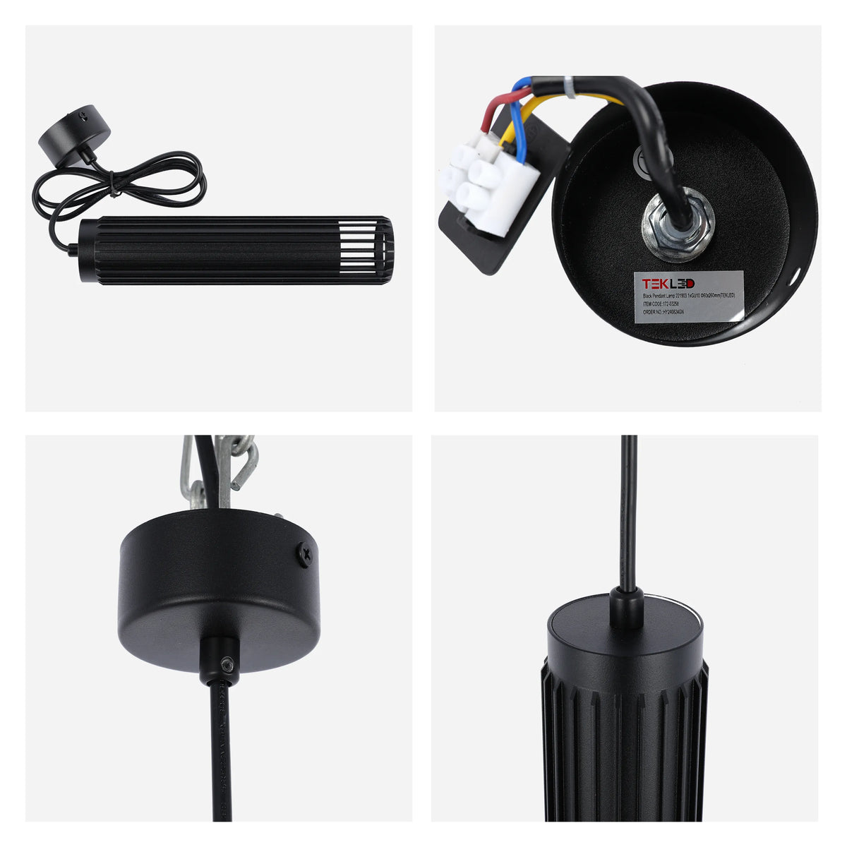 A black pendant light fitting, showcasing the ceiling mount, connector, and the ridged light fixture.