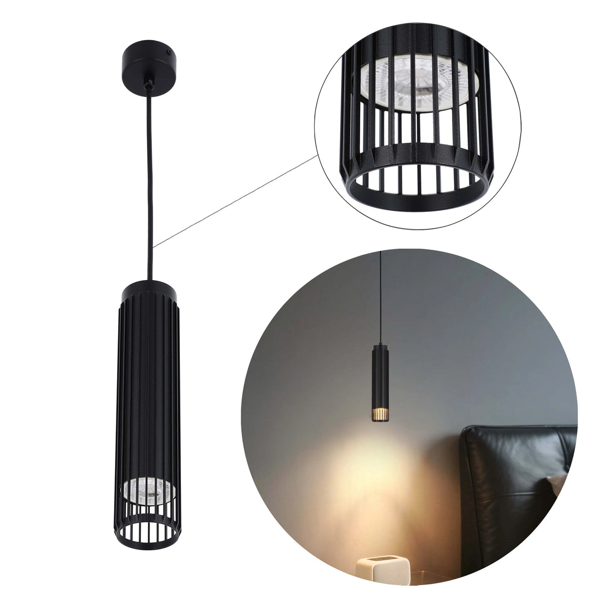 A modern black pendant light with a cylindrical cage shade, creating focused downward illumination.