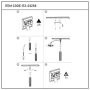A pendant light installation guide shows the different steps to assemble the light. Instructions include attaching to a ceiling.