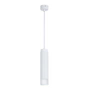 A sleek, white, cylindrical pendant light with ribbed detailing. Ideal for adding modern minimalist style to any room.