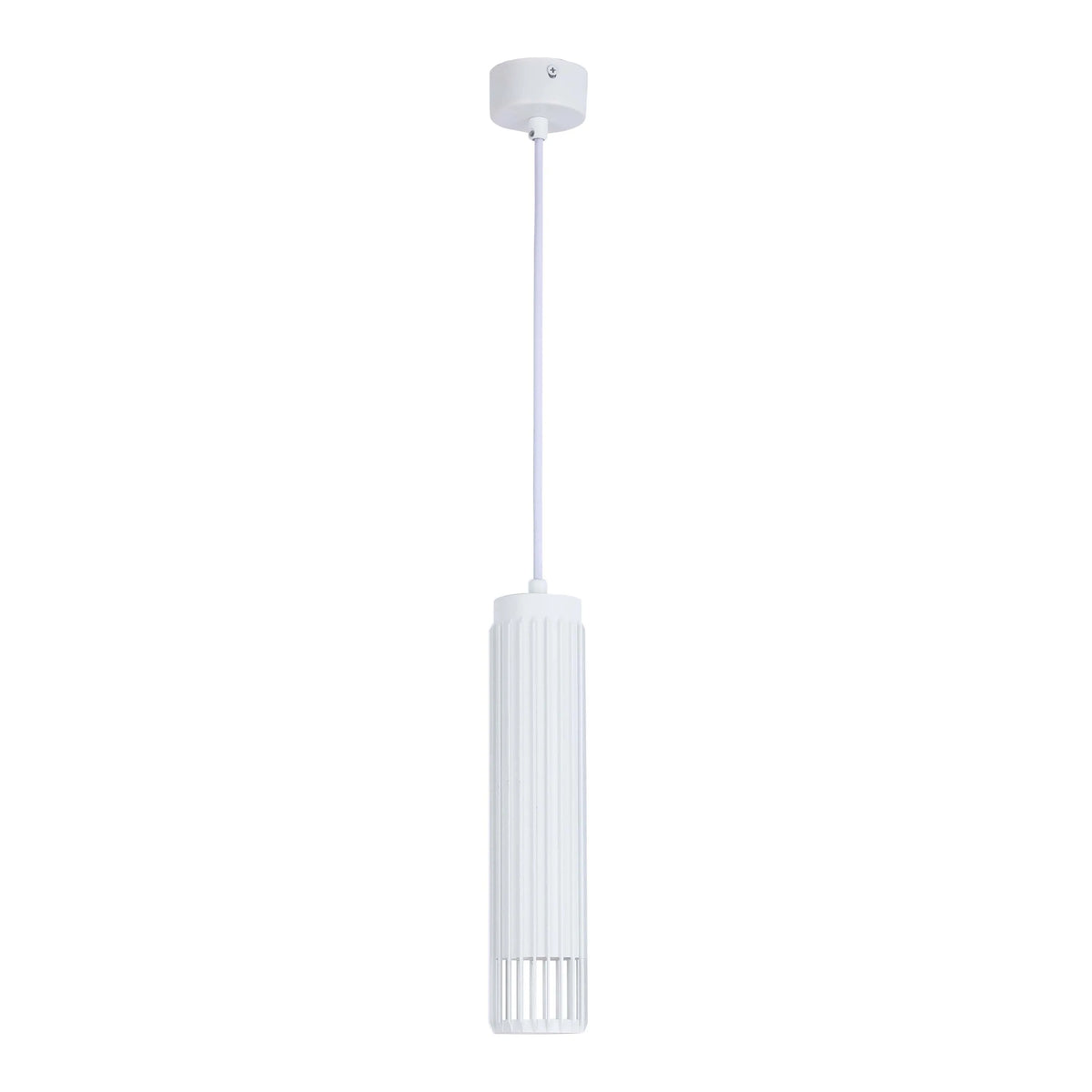 A sleek, white, cylindrical pendant light with ribbed detailing. Ideal for adding modern minimalist style to any room.