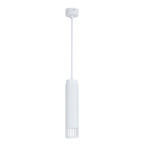 A sleek, white, cylindrical pendant light with ribbed detailing. Ideal for adding modern minimalist style to any room.