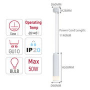 A ceiling pendant light diagram with dimensions. It features GU10 fittings, a max 50W bulb & is IP20 rated.