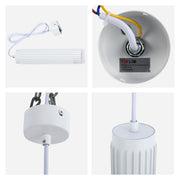 A white pendant light fitting with a ribbed cylindrical shade and white cable.