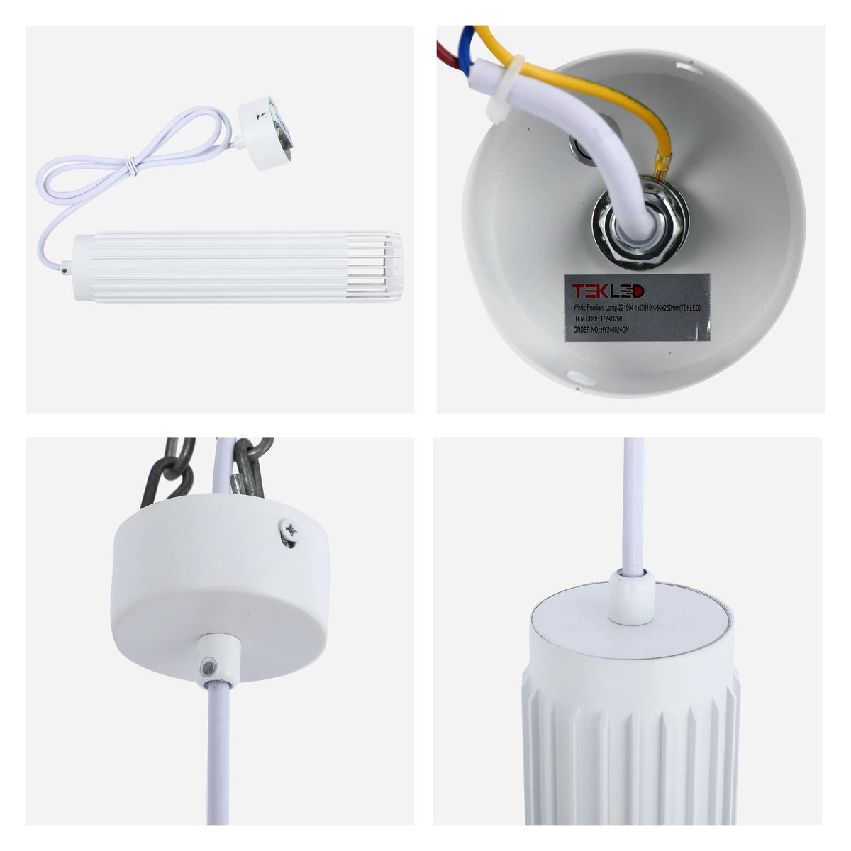 A white pendant light fitting with a ribbed cylindrical shade and white cable.