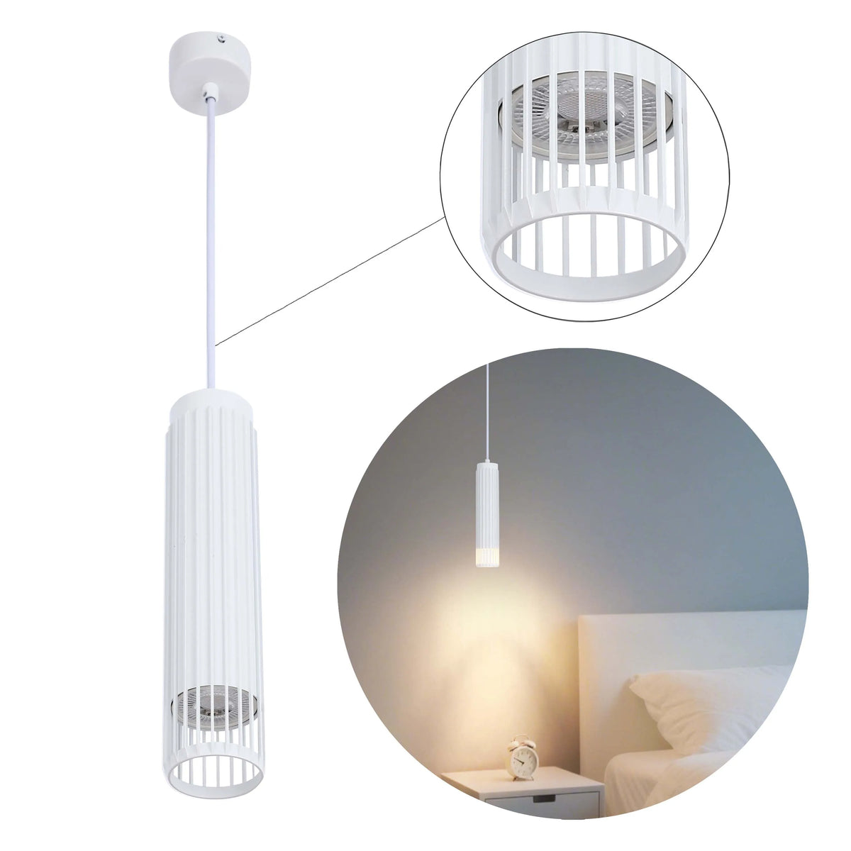A modern white pendant light with a cylindrical, cage-style shade. Provides a bright, focused downlight.