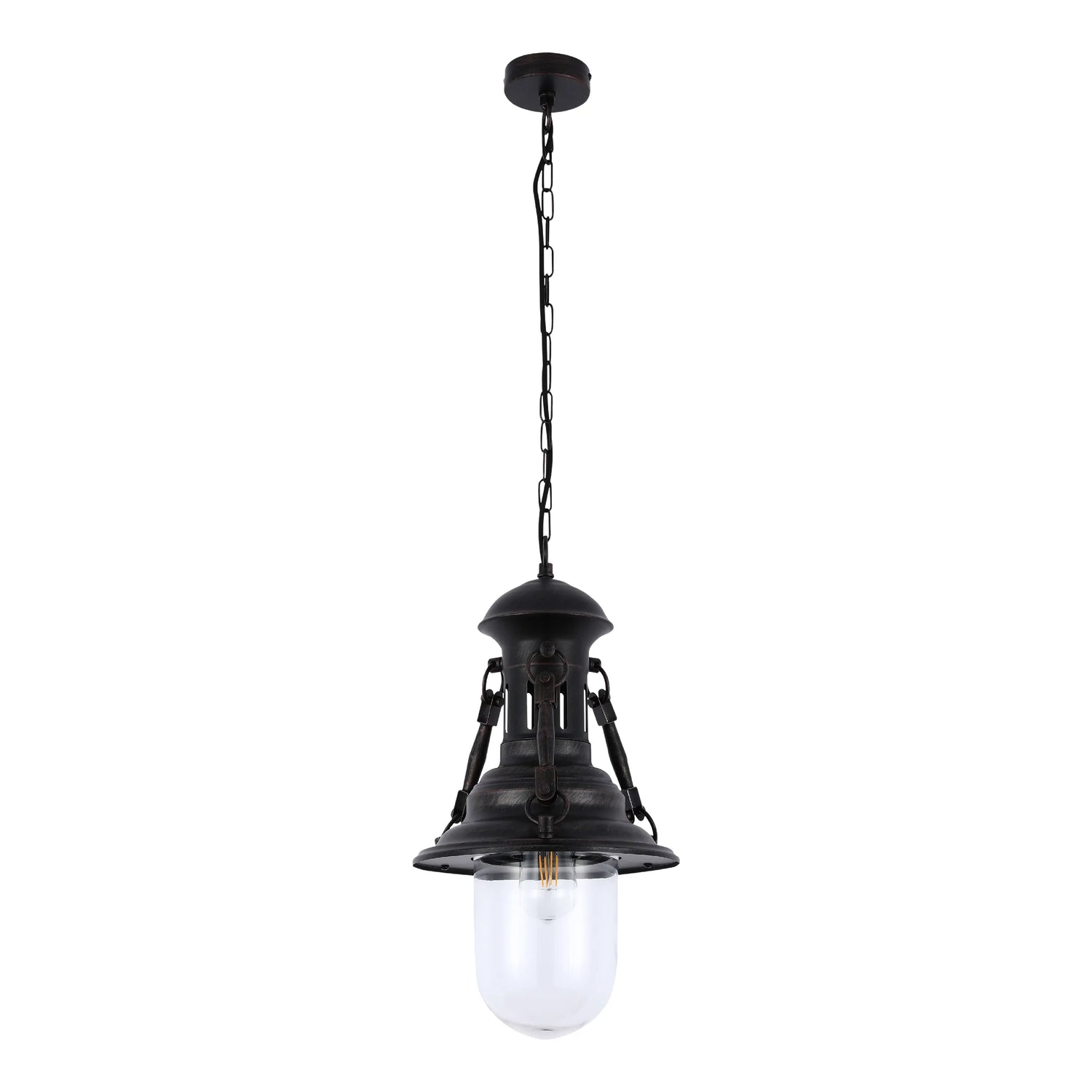 Hanging pendant light fixture with industrial design and a clear glass shade, suspended by a chain.