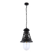 Hanging pendant light fixture with industrial design and a clear glass shade, suspended by a chain.
