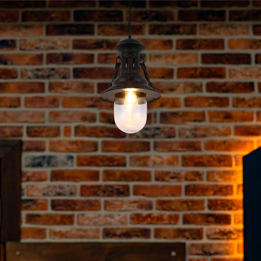 A rustic, industrial-style pendant light casts a warm glow against a textured brick wall. Perfect for adding character to any space.