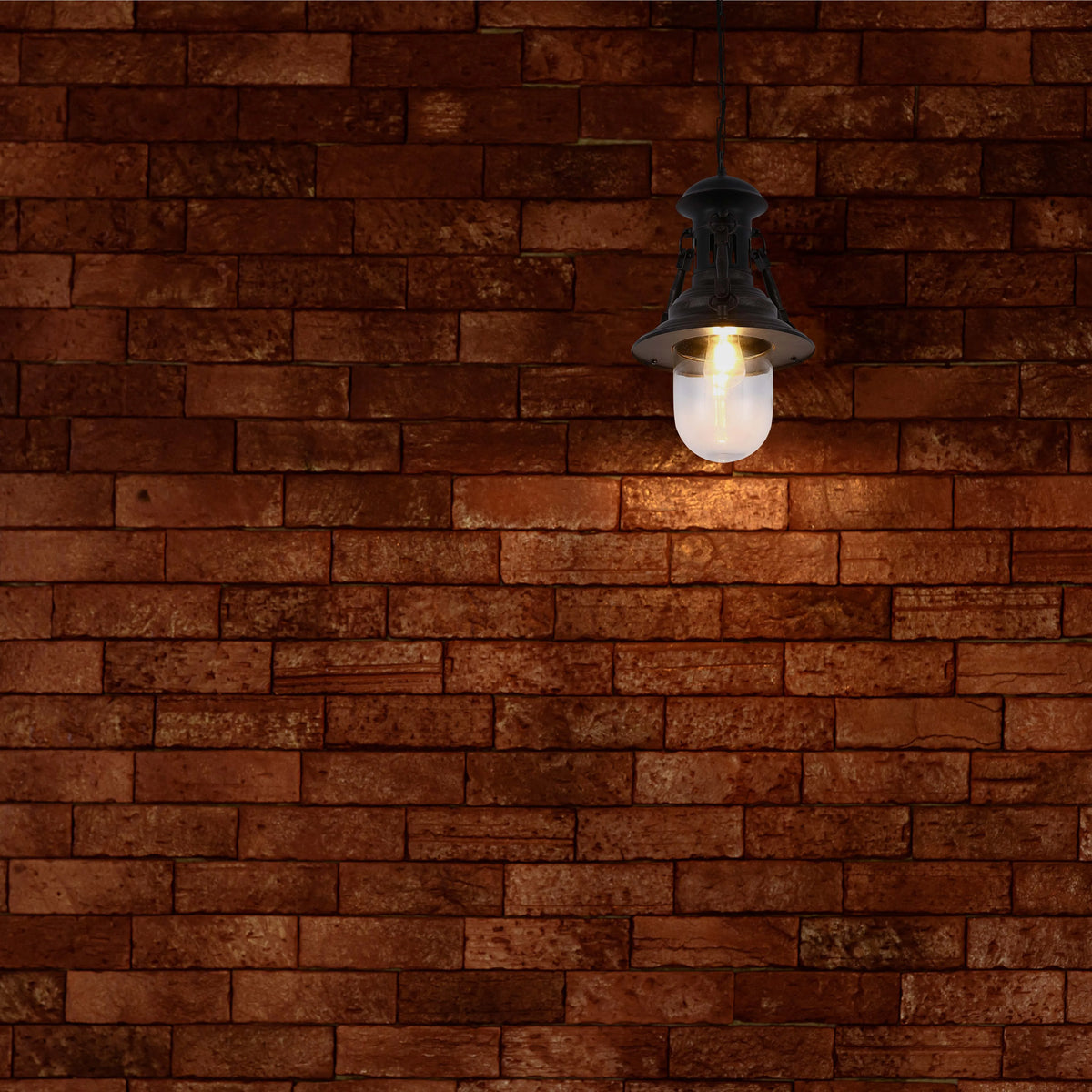 Pendant light hangs from a brick wall, casting a warm glow. Industrial-style fitting with a glass shade.