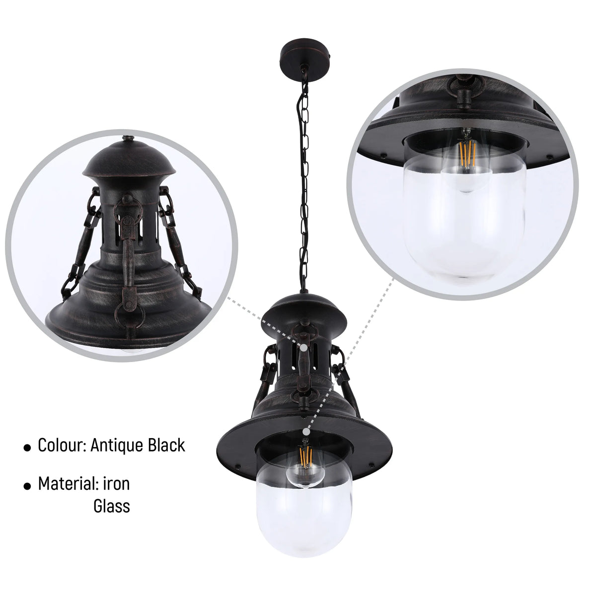 Antique black pendant light with glass shade and chain, offering a rustic, industrial-style lighting solution.