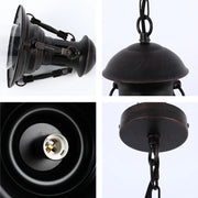 A rustic lantern style pendant light with chain, featuring an aged bronze finish and visible bulb fitting.