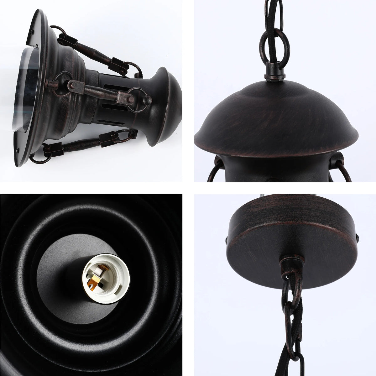 A rustic lantern style pendant light with chain, featuring an aged bronze finish and visible bulb fitting.