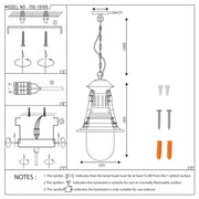 A technical drawing shows the dimensions and fixing instructions for a pendant light with a chain suspension.
