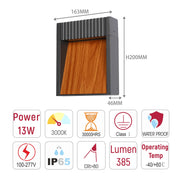Modern wall light, 13W power, 3000K colour temperature. IP65 waterproof with a 30,000-hour lifespan.