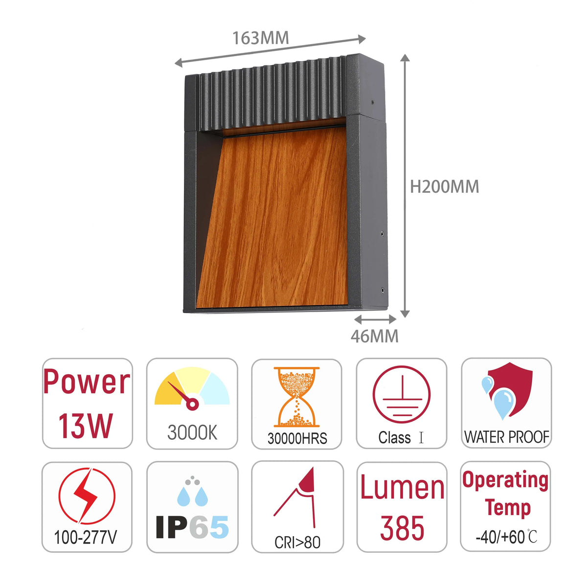 Modern wall light, 13W power, 3000K colour temperature. IP65 waterproof with a 30,000-hour lifespan.