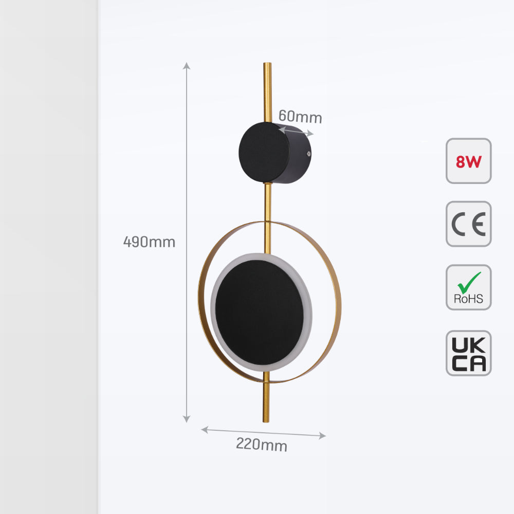 Designer Geometric Black Moon in Gold Circle Modern LED Wall Light 3000K 8W 5