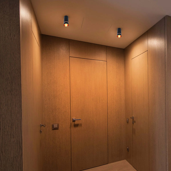 A pair of black cylinder downlights provide general illumination in this hallway. They feature warm-toned light and subtle detailing.