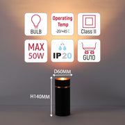 Black cylindrical spotlight with rose gold trim and specs including 50W max, -20/+45°C temp, IP20 rating, and dimensions.