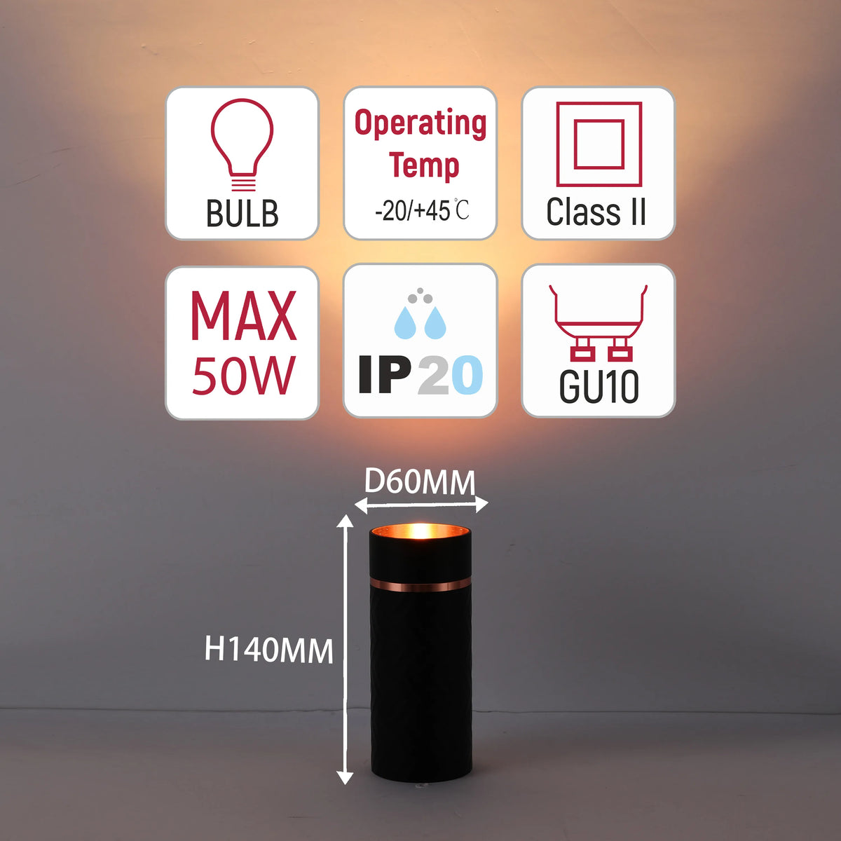 Black cylindrical spotlight with rose gold trim and specs including 50W max, -20/+45°C temp, IP20 rating, and dimensions.