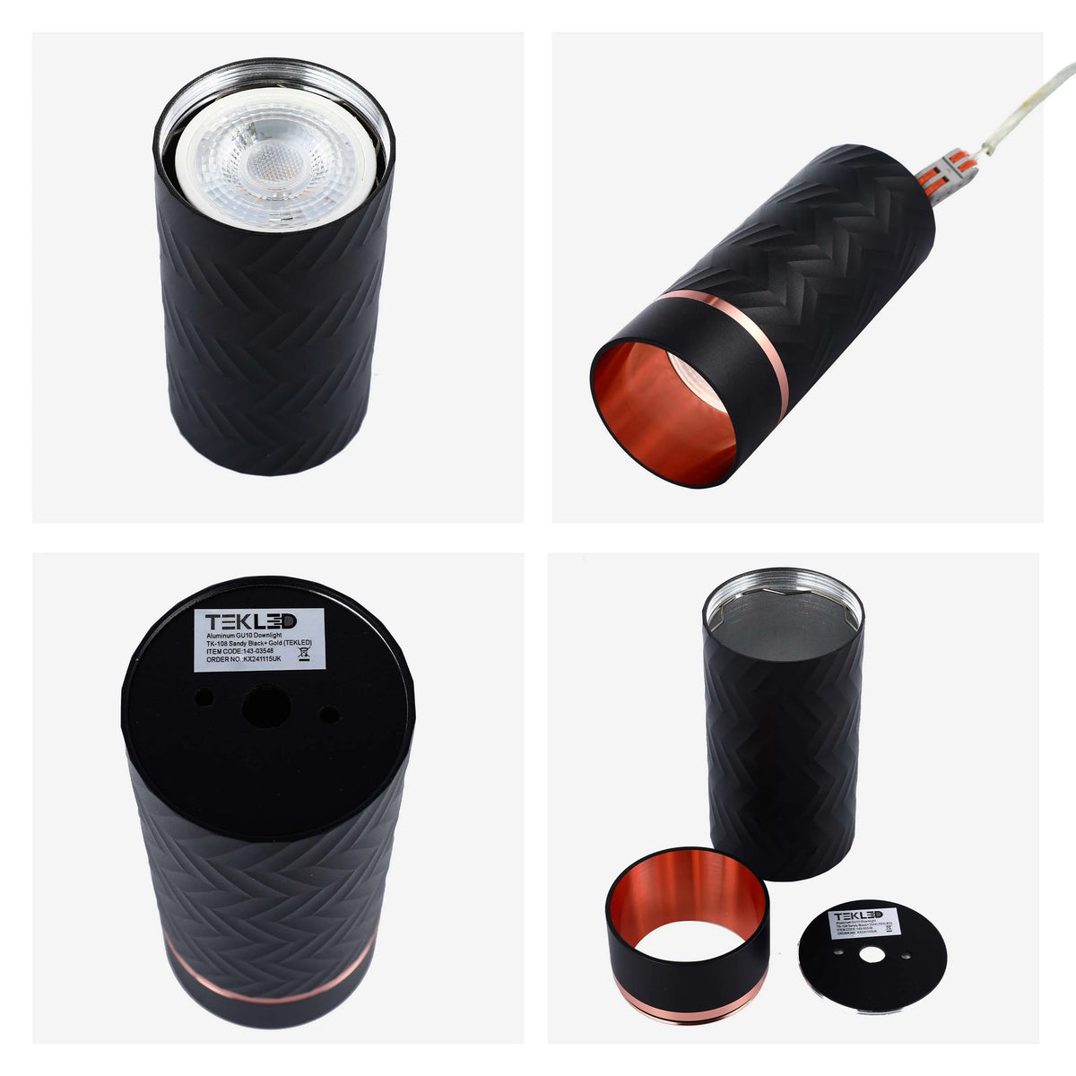 Stylish black and gold downlights. Modern design with a textured finish, ideal for contemporary homes and offices.